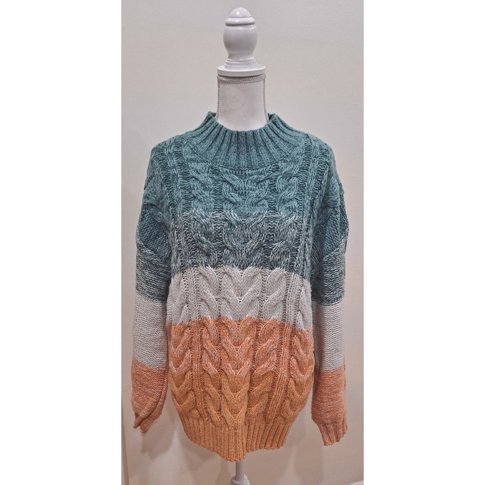 M Altar'D State Nikki Chucky Pullover Sweater Cable Knit Green Orange Stripe - Picture 2 of 7